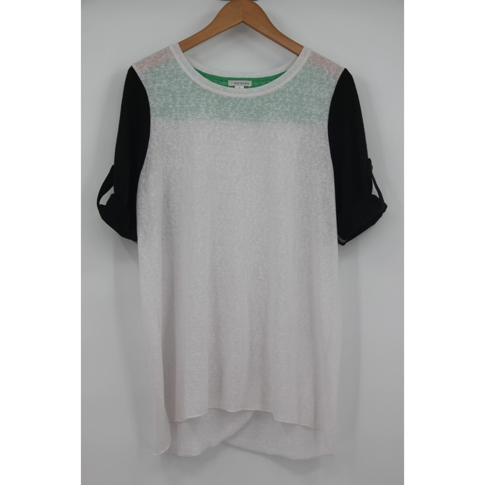 Erin London Women's White Green Black Roll Tab Long Sleeve M Linen Envelope #596
